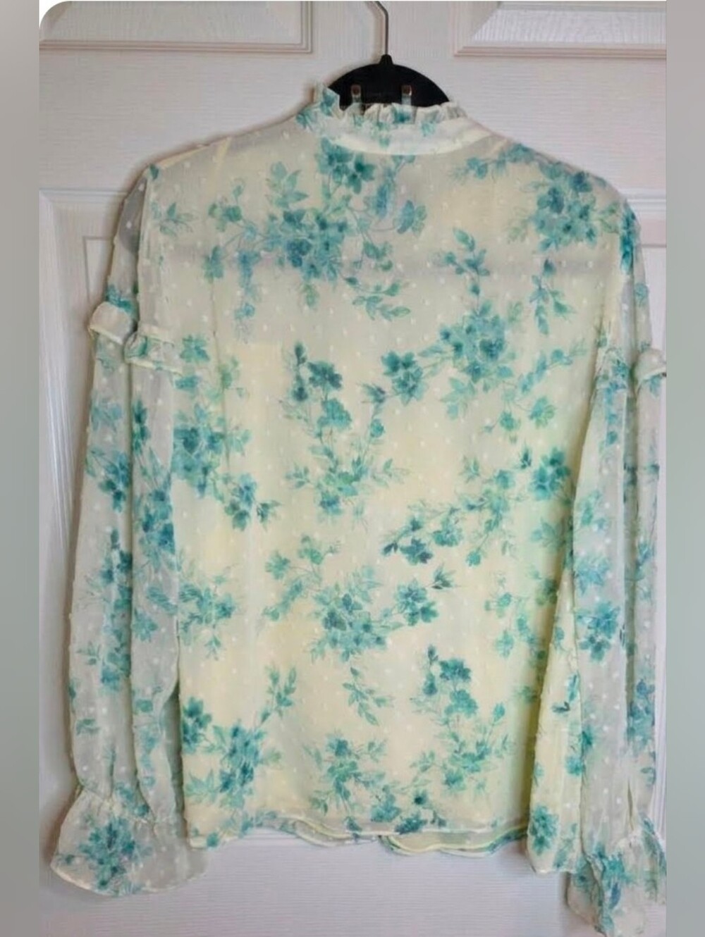 NWT CeCe L Swiss Dot Floral Ruffle Yellow Teal Blouse Shirt Romantic Lined Lslv - Picture 4 of 11